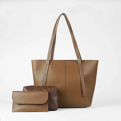 Tan tote bag set with matching pouch, long handles and structured body