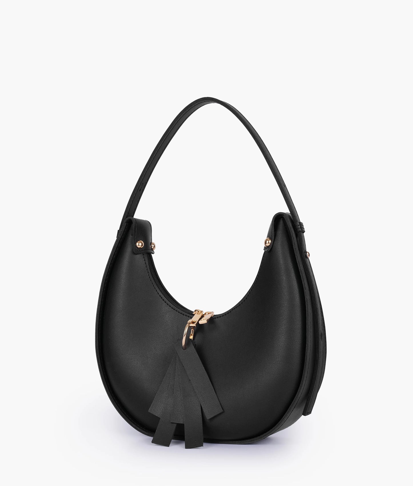 Black hobo shoulder bag with tassel detail and gold-tone clasp