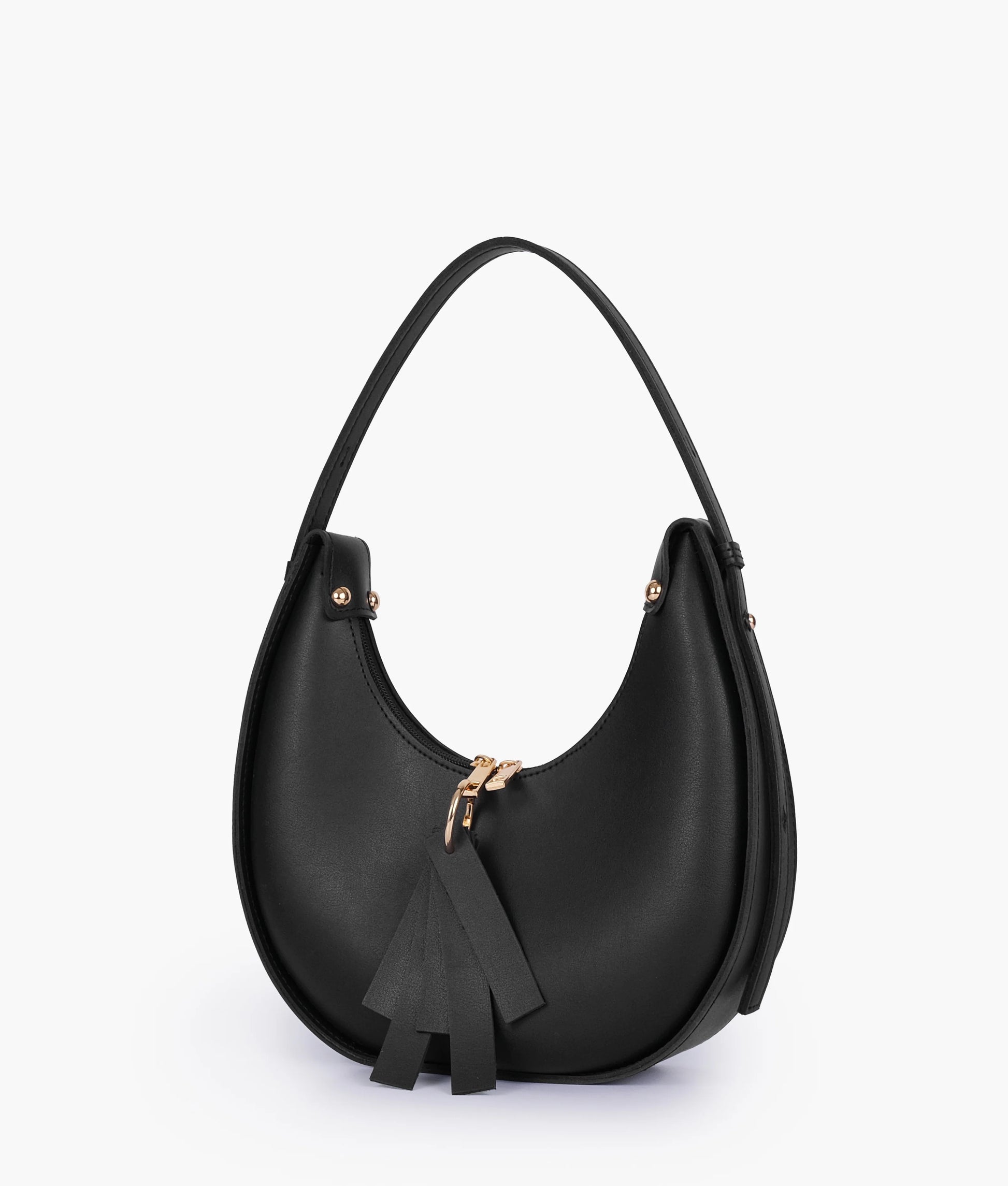 Black hobo shoulder bag with tassel detail and gold-tone clasp