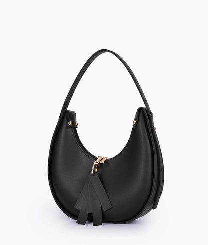 Black hobo shoulder bag with tassel detail and gold-tone clasp