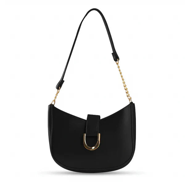 Black half-moon hobo bag with gold chain strap and front U-shaped clasp
