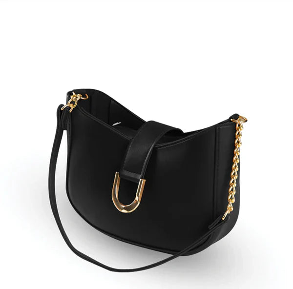 Black crescent hobo bag with gold chain crossbody strap and front buckle