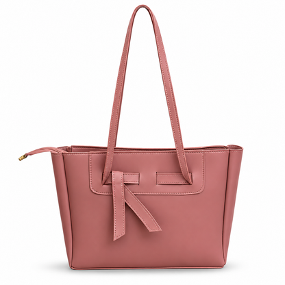 Pink tote bag with bow front and top handles, open top
